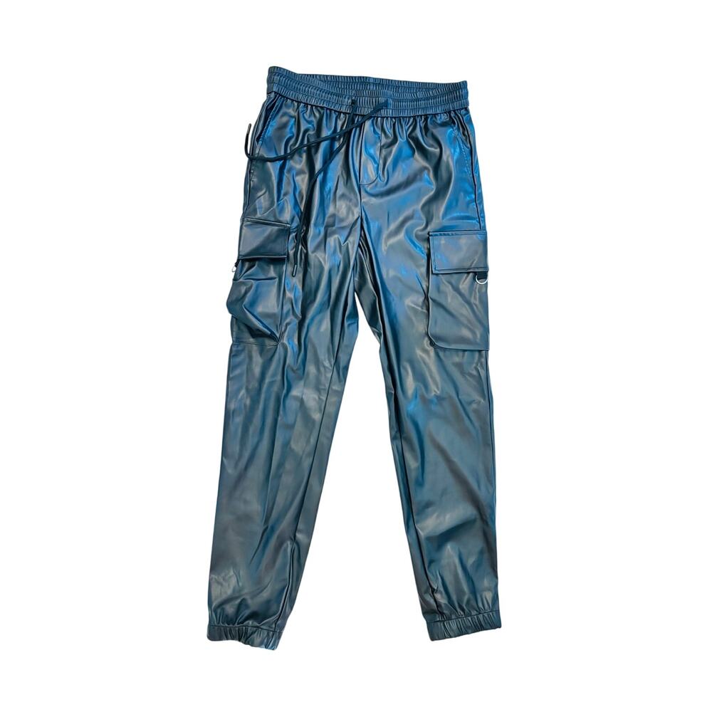 Trendy Streetwear vegan black leather drawstring joggers utility cargo pants sM